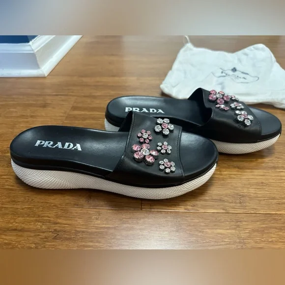 Prada Leather Slides with Rhinestone Detail Lightly Worn Size 38.5 (8)